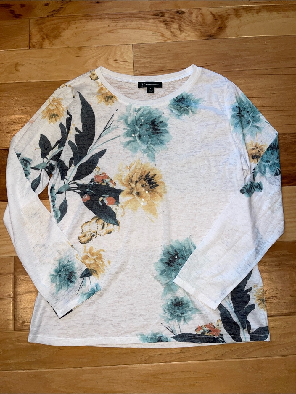 INC International Concepts White Tee with Teal and Mustard Floral Print